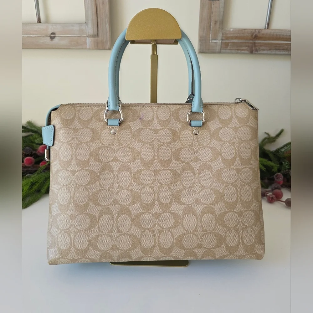 Coach Emma Satchel Crossbody Signature Coated Canvas Light Blue Leather Accents - Picture 8 of 15